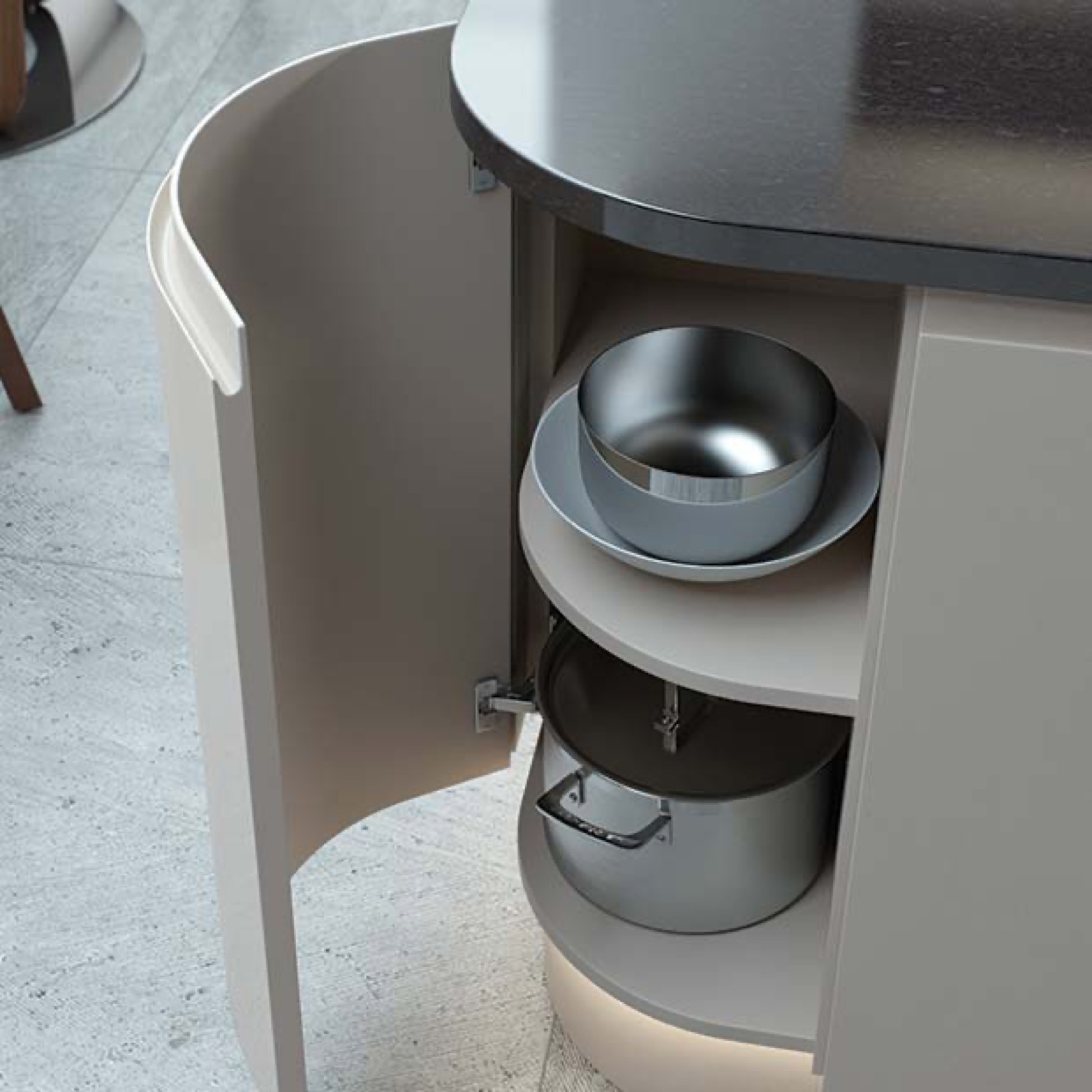 Curved cashmere gloss and wood kitchen
