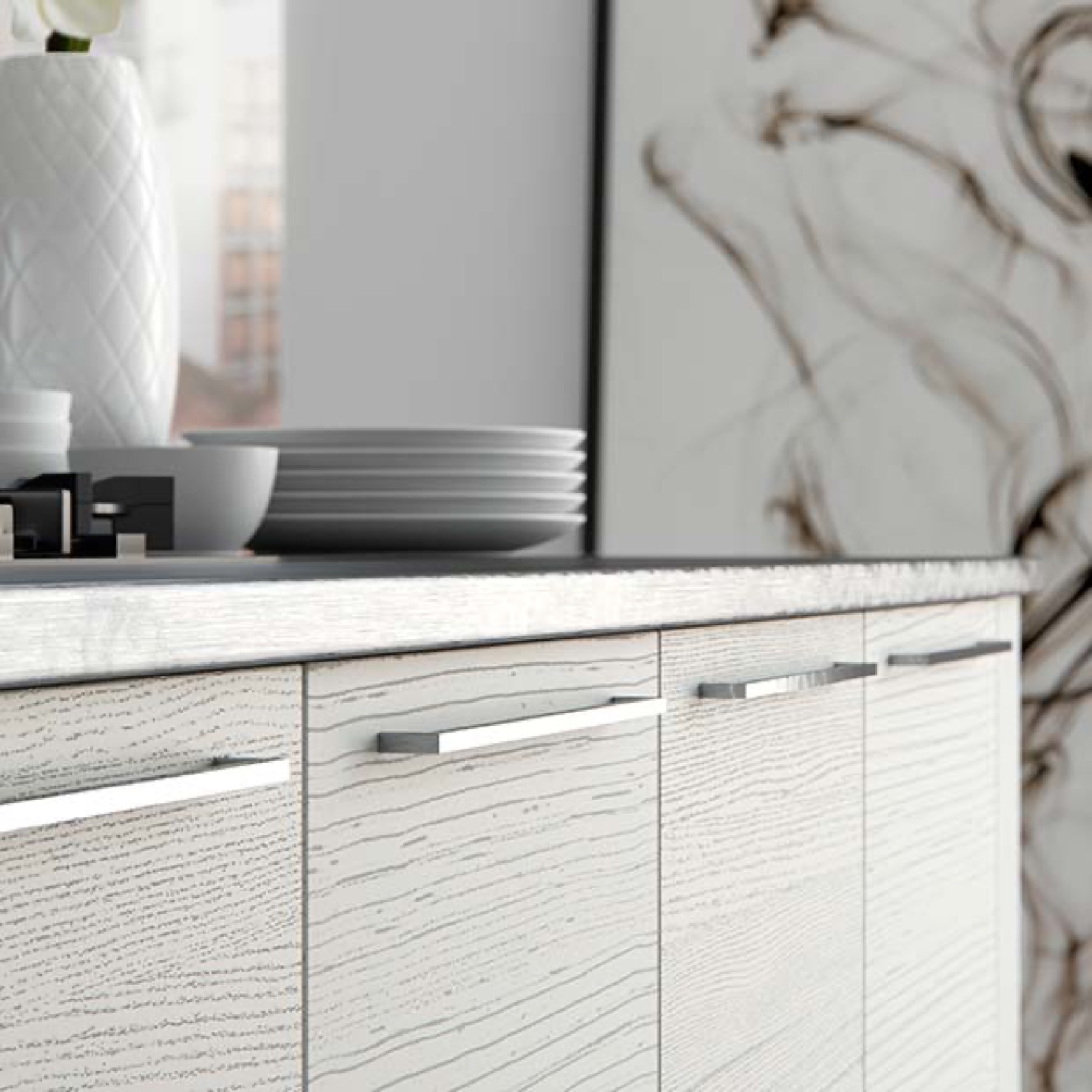Light grey woodgrain kitchen cabinetry